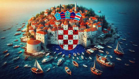 A Croatian flag in Adriatic coastal landscape, Ai generated imageの写真素材