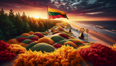 A Lithuanian flag in amber coastline, Ai generated imageの写真素材