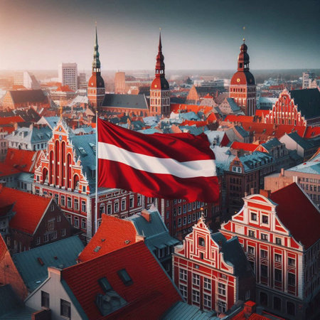 A Latvian flag in medieval old town, Ai generated imageの写真素材