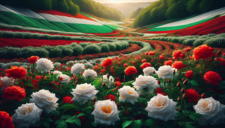 A Bulgarian flag in rose valley harvest, Ai generated imageの写真素材