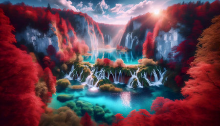 A Croatian flag in Plitvice Lakes waters, Ai generated imageの写真素材