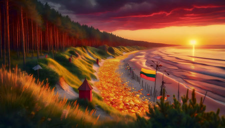 A Lithuanian flag in amber coastline, Ai generated imageの写真素材