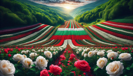 A Bulgarian flag in rose valley harvest, Ai generated imageの写真素材