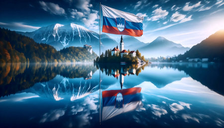 A Slovenian flag in alpine lake reflection, Ai generated imageの写真素材