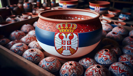 A Serbian flag in traditional pottery, Ai generated imageの写真素材