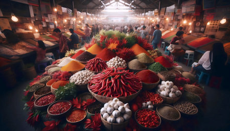 A Indonesian flag in spice market abundance, Ai generated imageの写真素材