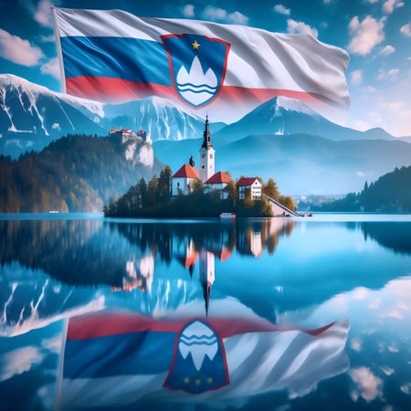 A Slovenian flag in alpine lake reflection, Ai generated imageの写真素材