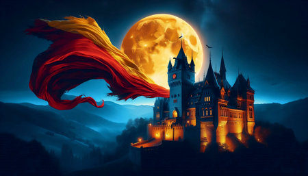 A Romanian flag in Dracula legend imagery, Ai generated image