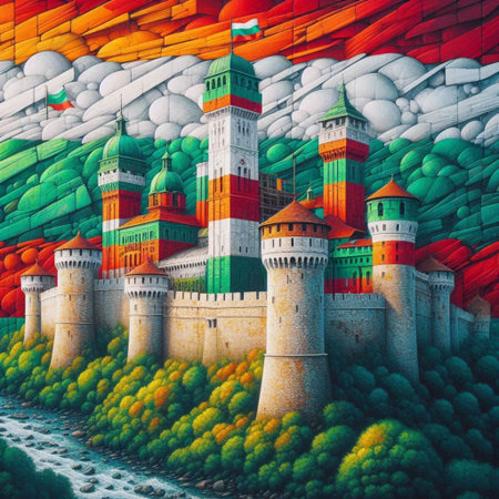 A Bulgarian flag in medieval fortress architecture, Ai generated imageの写真素材
