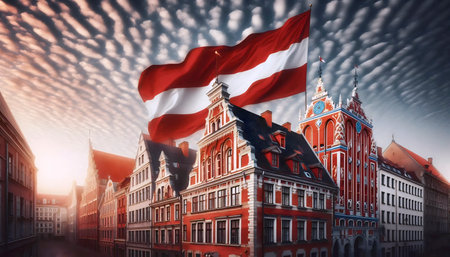 A Latvian flag in medieval old town, Ai generated imageの写真素材