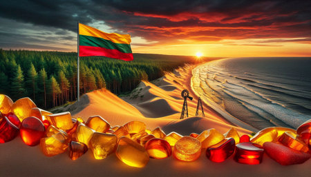 A Lithuanian flag in amber coastline, Ai generated imageの写真素材