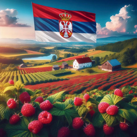 A Serbian flag in raspberry agriculture, Ai generated imageの写真素材