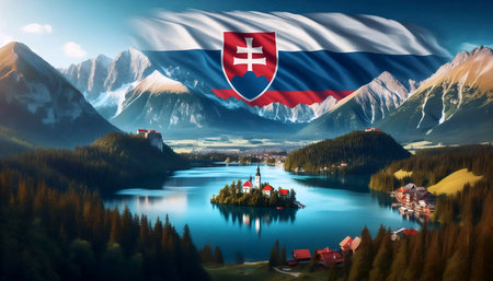 A Slovak flag in mountain landscape, Ai generated imageの写真素材