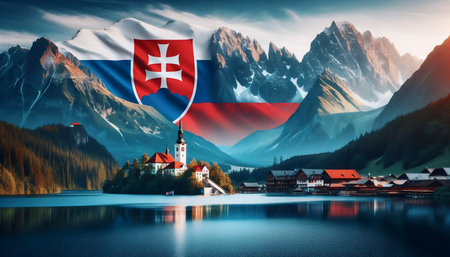 A Slovak flag in mountain landscape, Ai generated imageの写真素材
