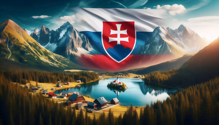 A Slovak flag in mountain landscape, Ai generated imageの写真素材