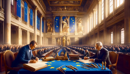 A European Union flag in historic treaty signing, Ai generated imageの写真素材