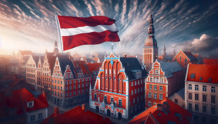 A Latvian flag in medieval old town, Ai generated imageの写真素材