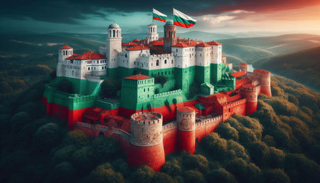 A Bulgarian flag in medieval fortress architecture, Ai generated imageの写真素材