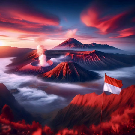 A Indonesian flag in volcanic sunrise landscape, Ai generated imageの写真素材