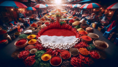 A Indonesian flag in spice market abundance, Ai generated imageの写真素材