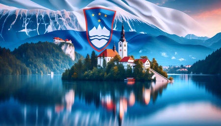 A Slovenian flag in alpine lake reflection, Ai generated imageの写真素材