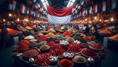 A Indonesian flag in spice market abundance, Ai generated imageの写真素材