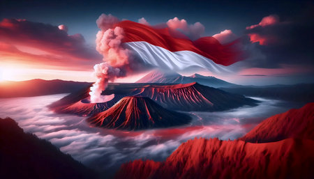 A Indonesian flag in volcanic sunrise landscape, Ai generated imageの写真素材