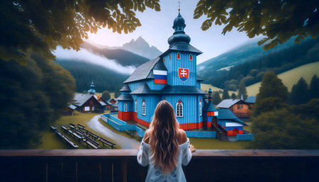 A Slovak flag in folk wood architecture, Ai generated imageの写真素材