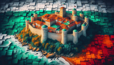 A Bulgarian flag in medieval fortress architecture, Ai generated imageの写真素材