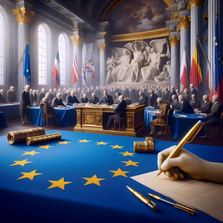 A European Union flag in historic treaty signing, Ai generated imageの写真素材