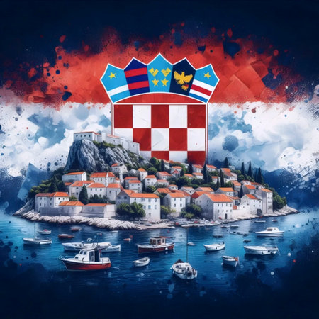 A Croatian flag in Adriatic coastal landscape, Ai generated imageの写真素材