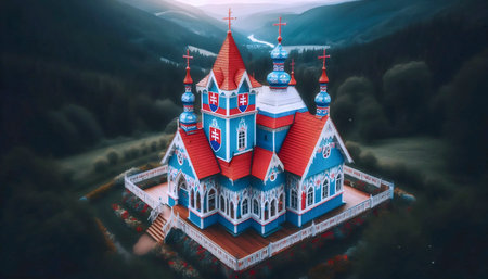 A Slovak flag in folk wood architecture, Ai generated imageの写真素材