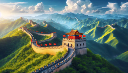 A Chinese flag in Great Wall architecture, Ai generated imageの写真素材
