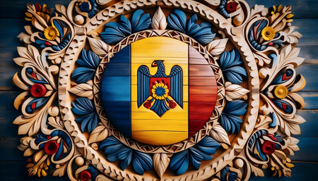 A Romanian flag in folk wood carving, Ai generated imageの写真素材