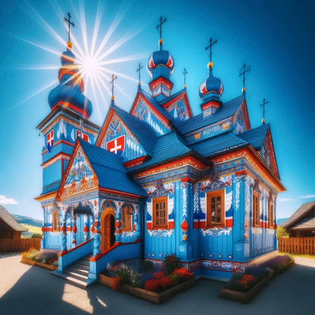 A Slovak flag in folk wood architecture, Ai generated imageの写真素材