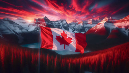 A Canadian flag in northern wilderness landscape, Ai generated imageの写真素材