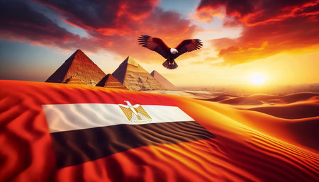 A Egyptian flag in ancient pyramid complex, Ai generated imageの写真素材
