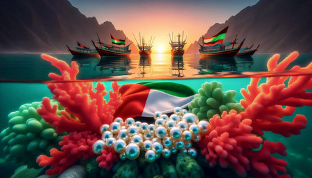 A UAE flag in pearl diving heritage, Ai generated imageの写真素材