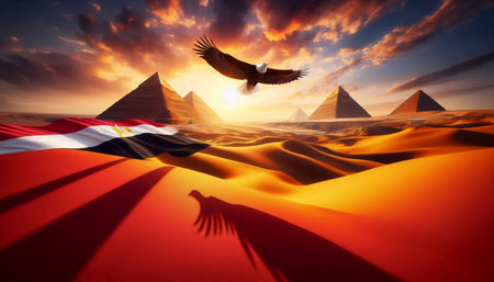 A Egyptian flag in ancient pyramid complex, Ai generated imageの写真素材