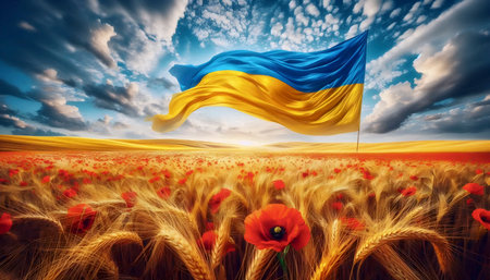 A Ukrainian flag in wheat field landscape, Ai generated imageの写真素材
