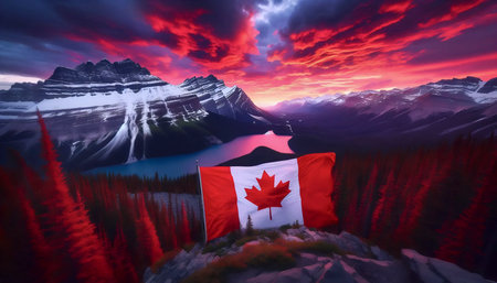 A Canadian flag in northern wilderness landscape, Ai generated imageの写真素材