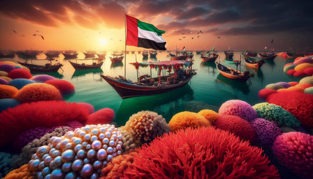 A UAE flag in pearl diving heritage, Ai generated imageの写真素材