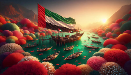 A UAE flag in pearl diving heritage, Ai generated imageの写真素材