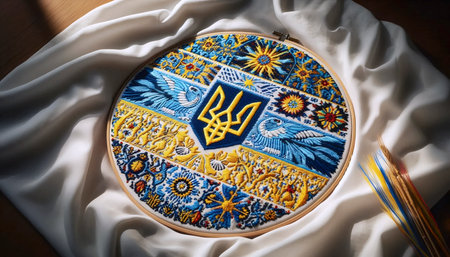 A Ukrainian flag in traditional embroidery art, Ai generated imageの写真素材