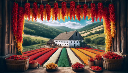 A Hungarian flag in paprika agriculture, Ai generated imageの写真素材
