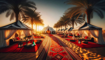 A UAE flag in desert luxury camp, Ai generated imageの写真素材