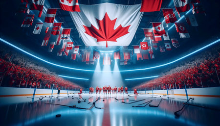 A Canadian flag in ice hockey culture, Ai generated imageの写真素材