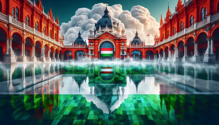 A Hungarian flag in thermal spa culture, Ai generated imageの写真素材