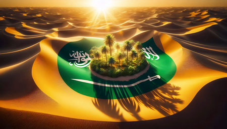 A Saudi flag in desert oasis landscape, Ai generated imageの写真素材