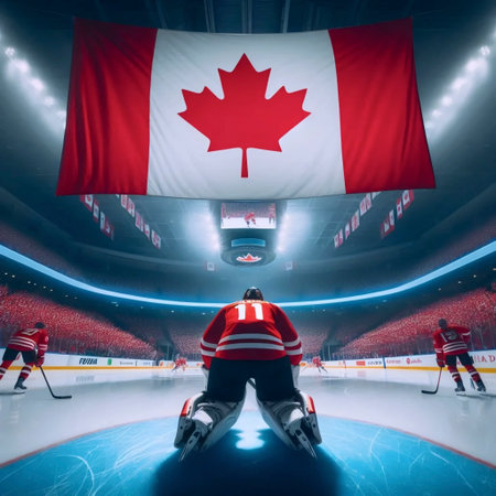 A Canadian flag in ice hockey culture, Ai generated imageの写真素材